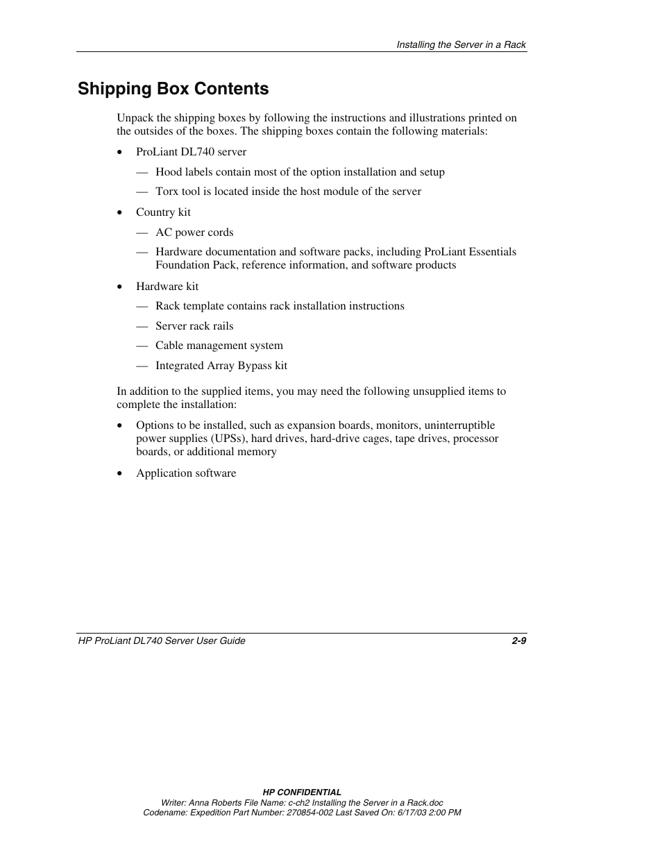 Shipping box contents, Shipping box contents -9 | HP ProLiant DL740 Server User Manual | Page 52 / 277