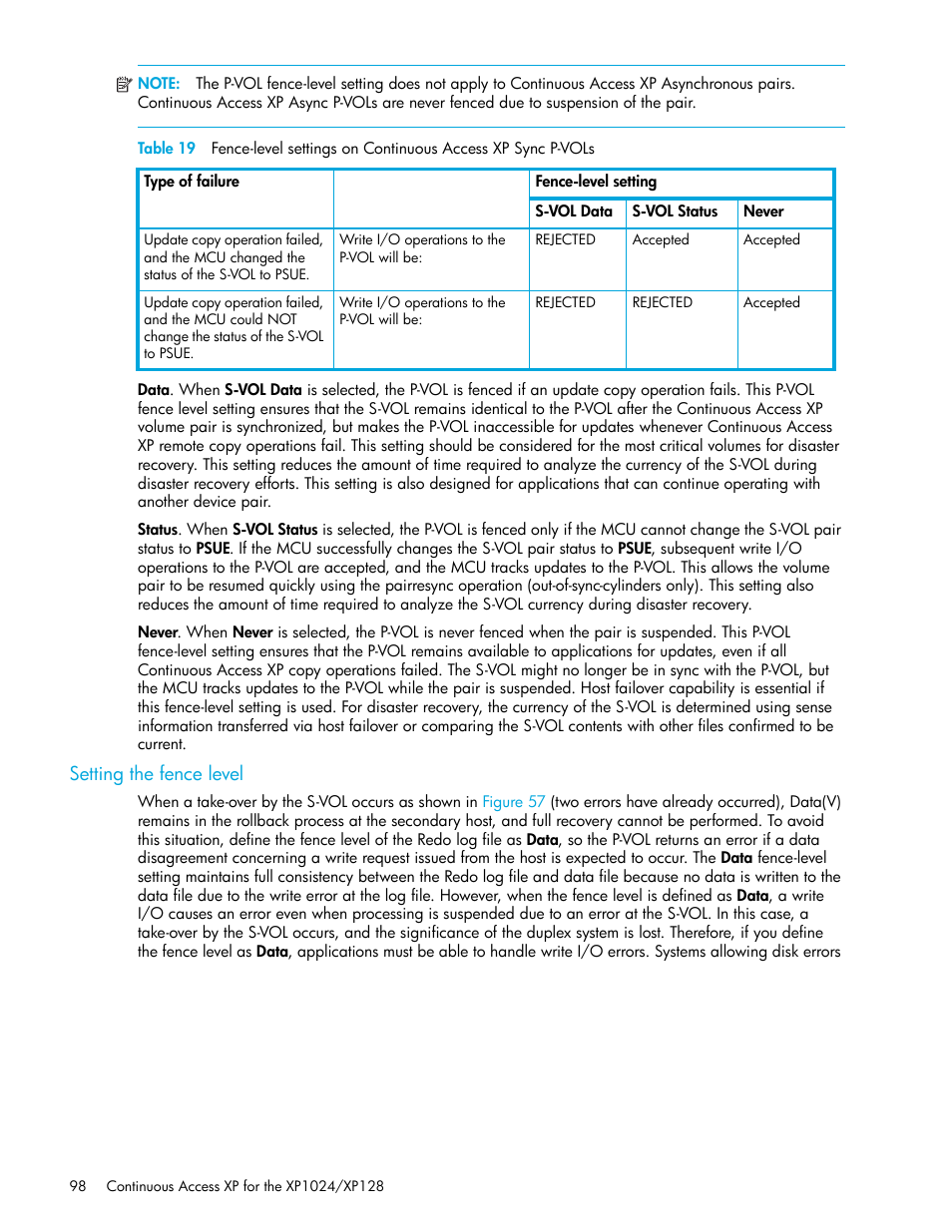 Setting the fence level, Table 19 | HP XP Continuous Access Software User Manual | Page 98 / 108