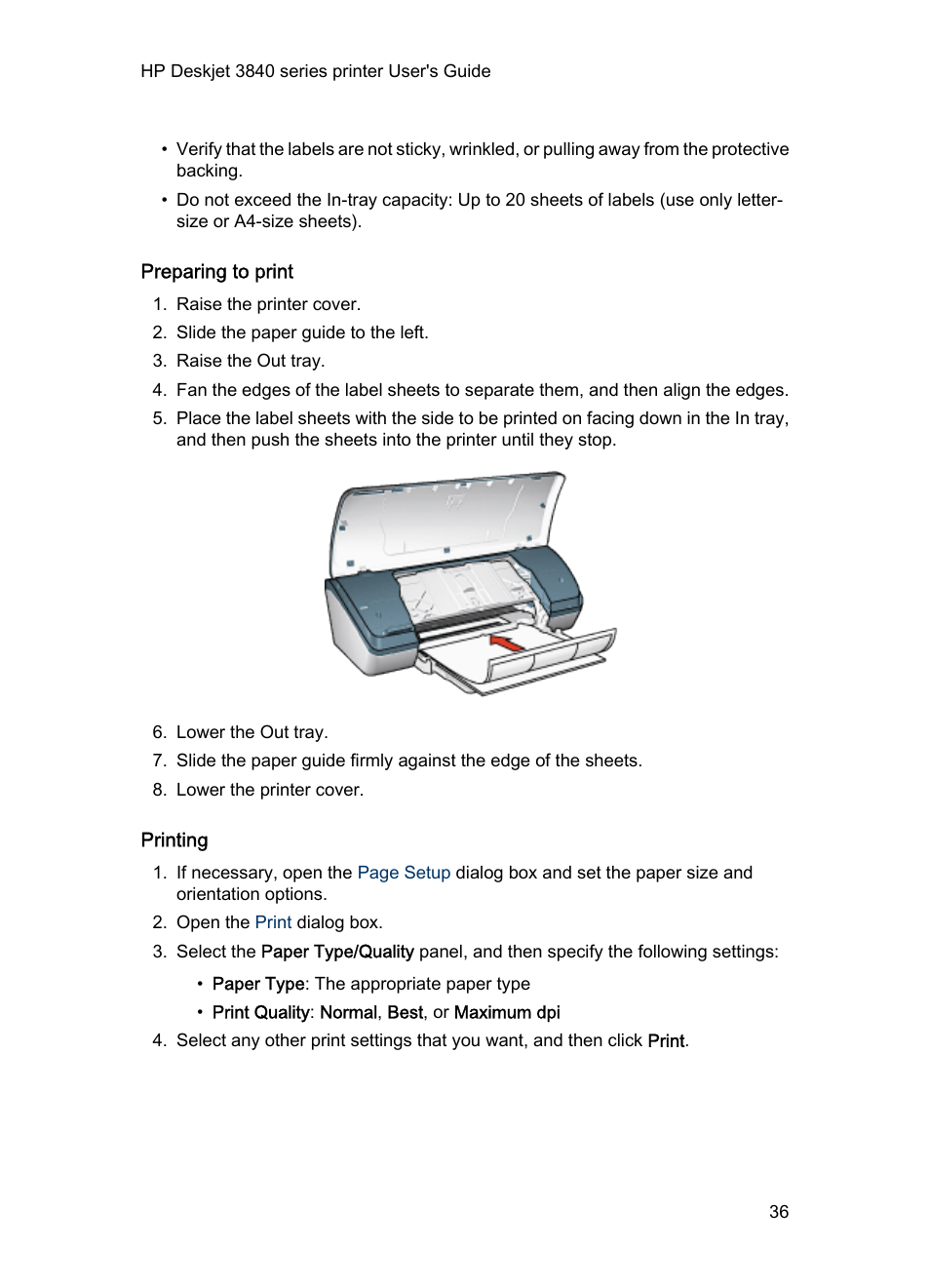 Preparing to print, Printing | HP Deskjet 3848 Color Inkjet Printer User Manual | Page 36 / 91