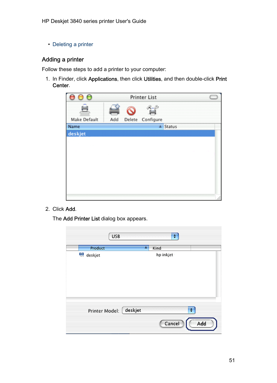 Adding a printer | HP Deskjet 3848 Color Inkjet Printer User Manual | Page 51 / 91