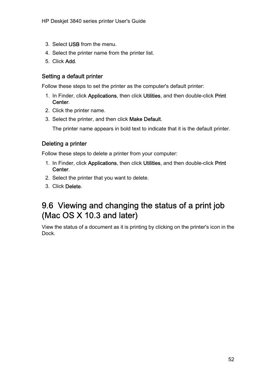 Setting a default printer, Deleting a printer | HP Deskjet 3848 Color Inkjet Printer User Manual | Page 52 / 91
