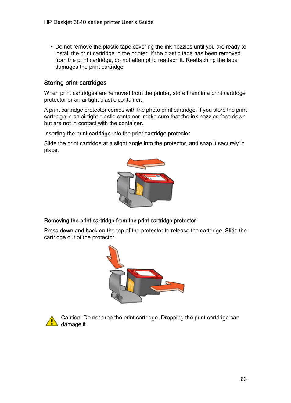 Storing print cartridges | HP Deskjet 3848 Color Inkjet Printer User Manual | Page 63 / 91