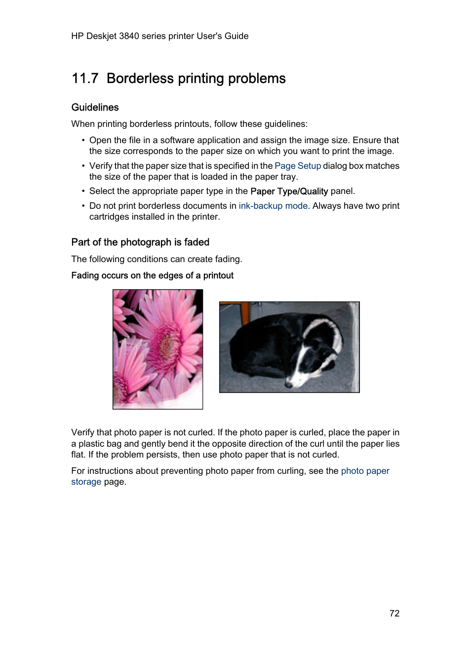 7 borderless printing problems, Guidelines, Part of the photograph is faded | Fading occurs on the edges of a printout, Borderless printing problems | HP Deskjet 3848 Color Inkjet Printer User Manual | Page 72 / 91
