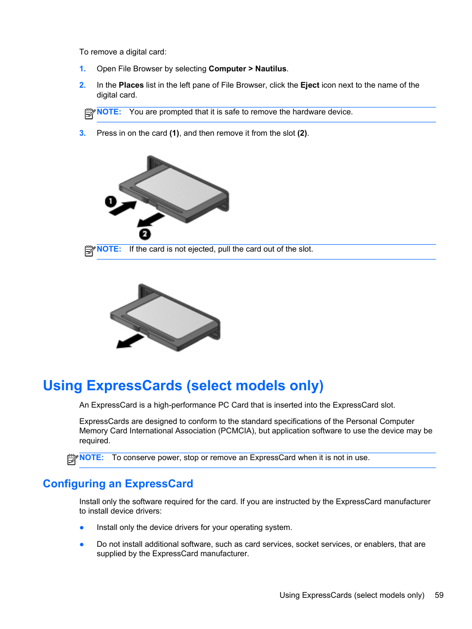 Using expresscards (select models only), Configuring an expresscard | HP EliteBook 8470w Mobile Workstation User Manual | Page 69 / 113