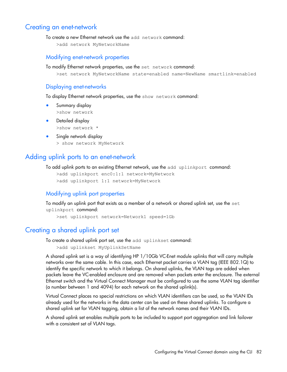 Creating an enet-network, Adding uplink ports to an enet-network, Creating a shared uplink port set | HP Virtual Connect 1.10Gb-F Ethernet Module for c-Class BladeSystem User Manual | Page 82 / 95
