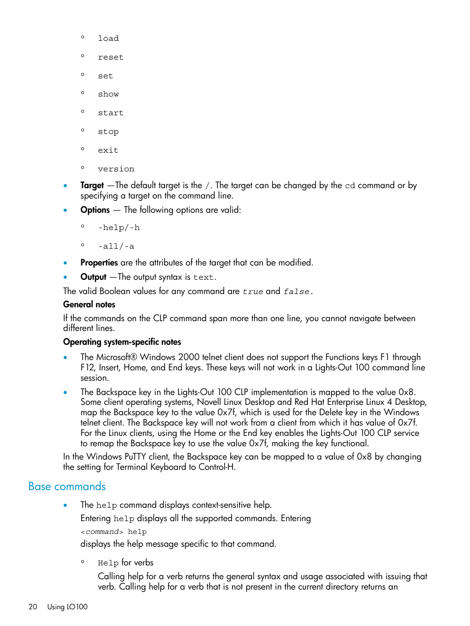 Base commands | HP Lights-Out 100 Remote Management User Manual | Page 20 / 60