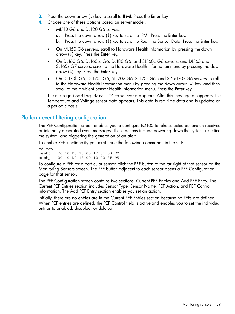 Platform event filtering configuration | HP Lights-Out 100 Remote Management User Manual | Page 29 / 60