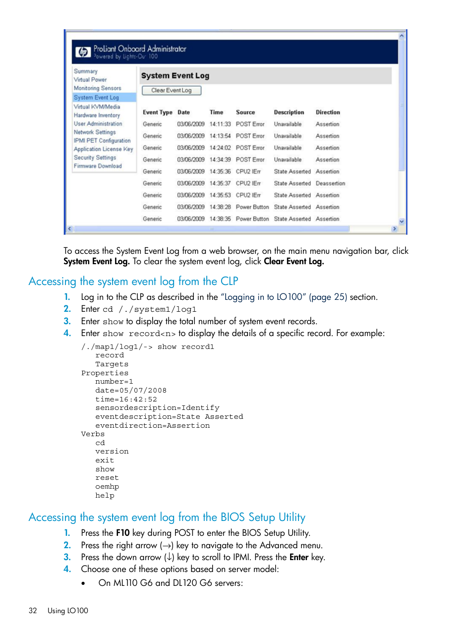 Accessing the system event log from the clp | HP Lights-Out 100 Remote Management User Manual | Page 32 / 60