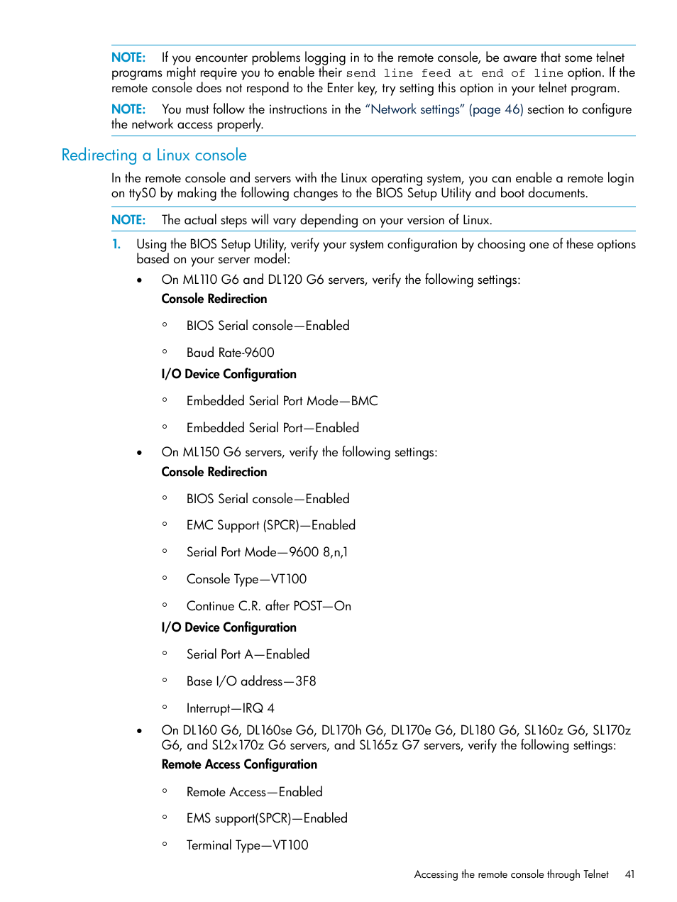 Redirecting a linux console | HP Lights-Out 100 Remote Management User Manual | Page 41 / 60