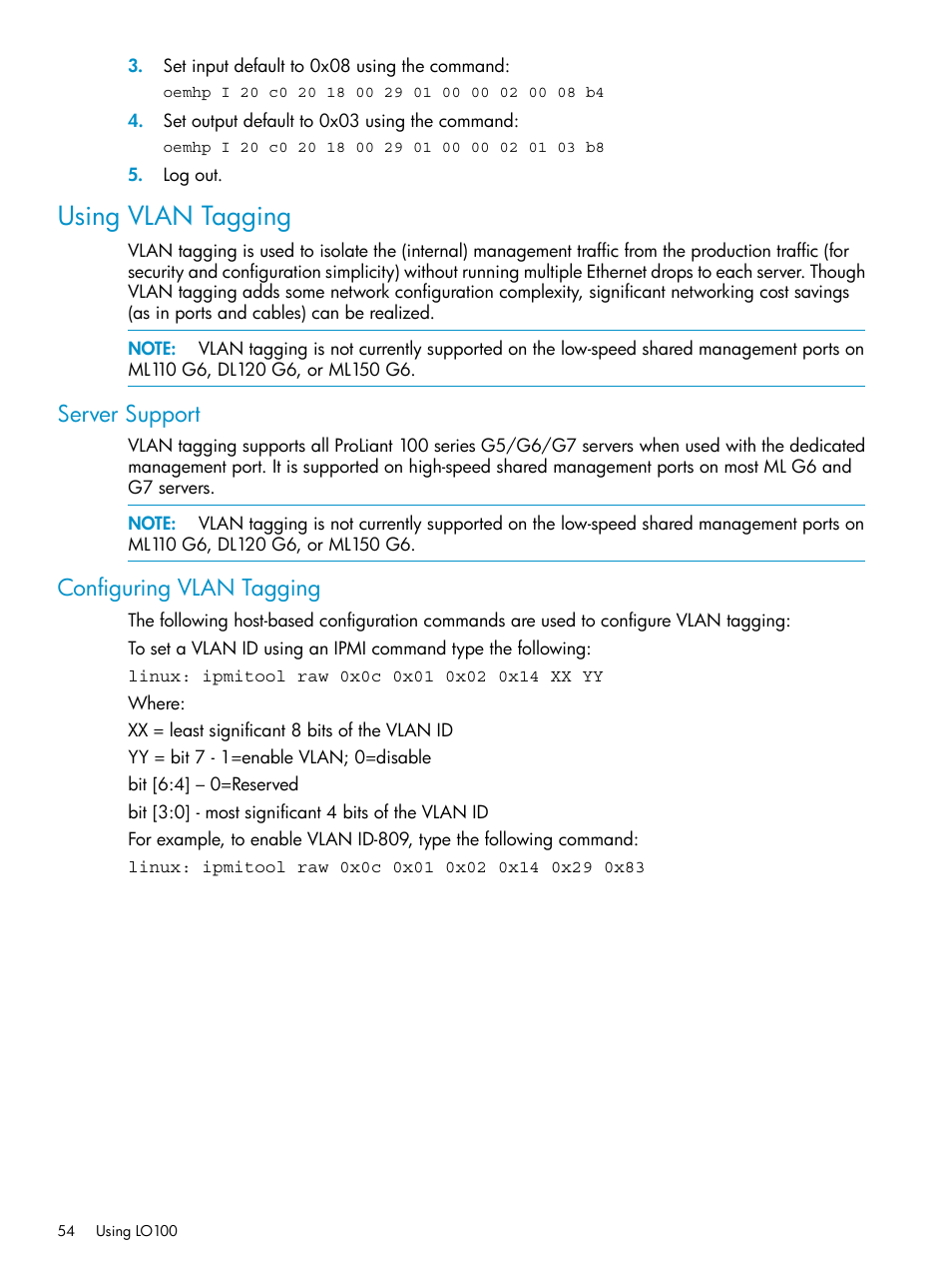 Using vlan tagging, Server support, Configuring vlan tagging | Server support configuring vlan tagging | HP Lights-Out 100 Remote Management User Manual | Page 54 / 60