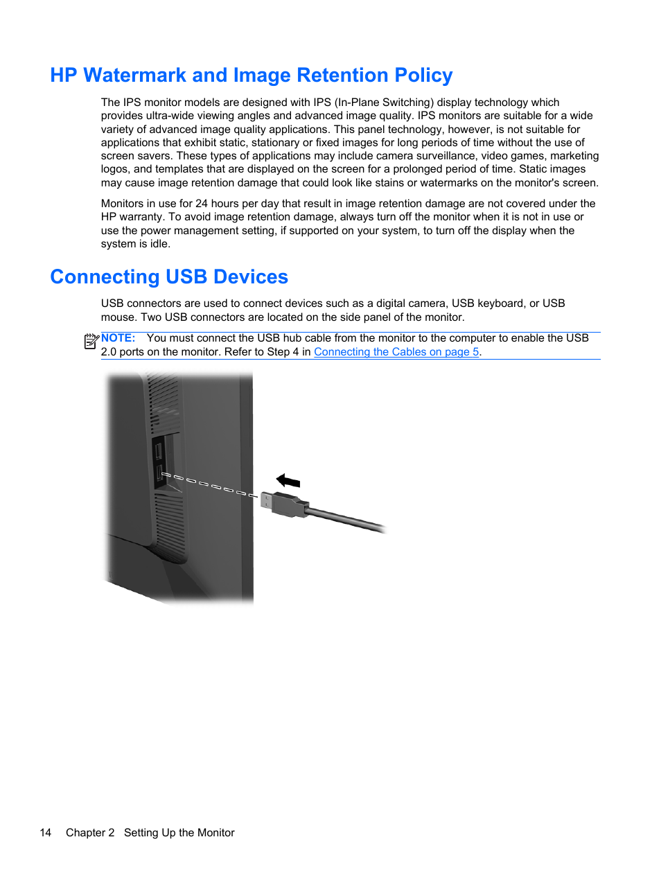 Hp watermark and image retention policy, Connecting usb devices | HP EliteDisplay E241i 24-in IPS LED Backlit Monitor User Manual | Page 20 / 34