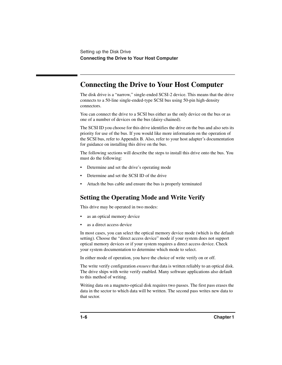 Connecting the drive to your host computer, Setting the operating mode and write verify, Connecting the drive to your host computer -6 | Setting the operating mode and write verify -6 | HP Optical Jukeboxes User Manual | Page 18 / 77