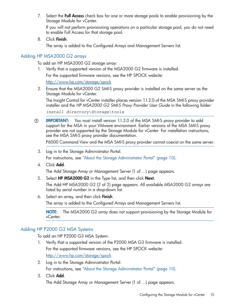 Adding hp msa2000 g2 arrays, Adding hp p2000 g3 msa systems | HP OneView for VMware vCenter User Manual | Page 15 / 107