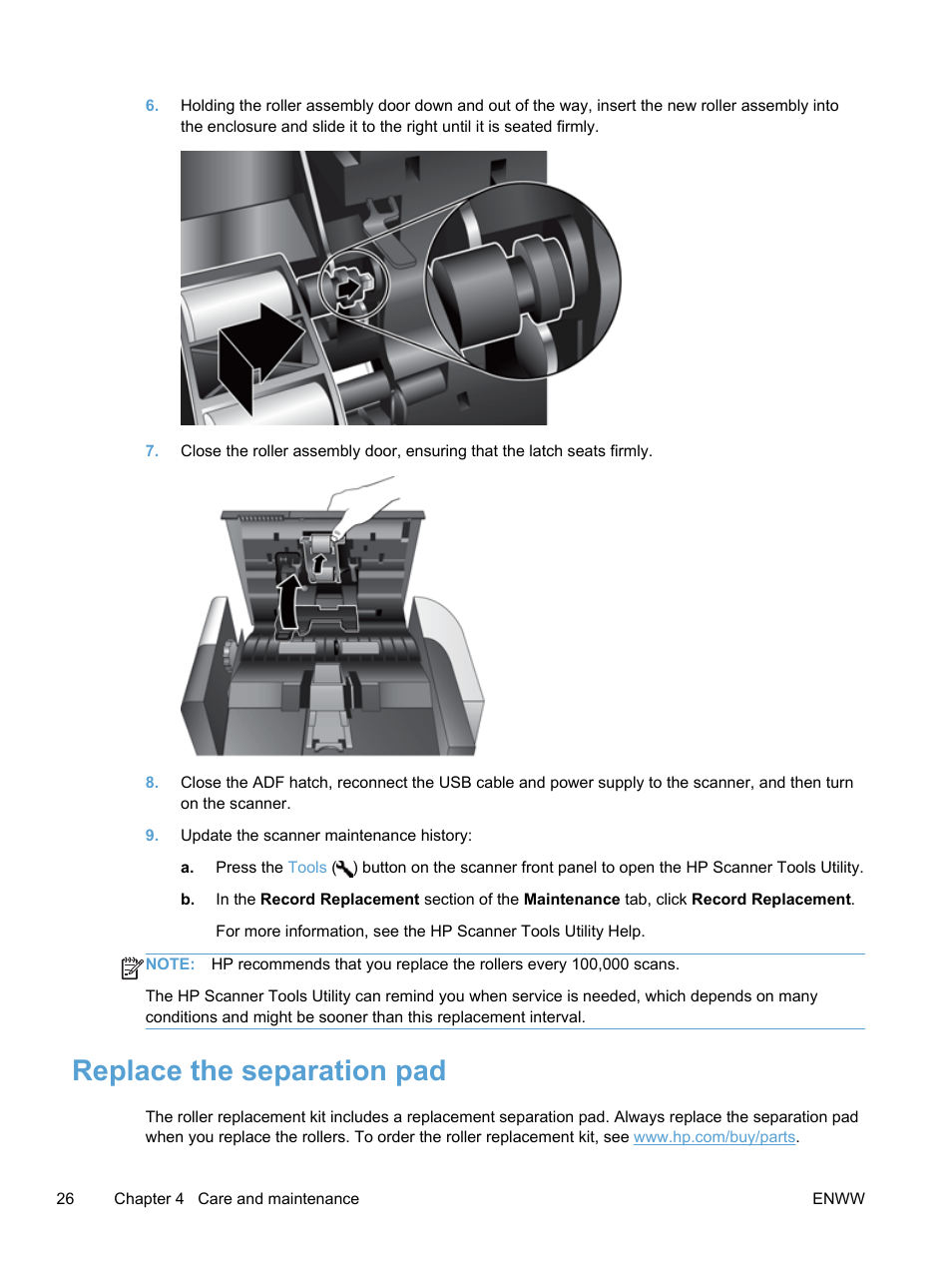 Replace the separation pad | HP Scanjet Enterprise 7500 Flatbed Scanner User Manual | Page 32 / 62