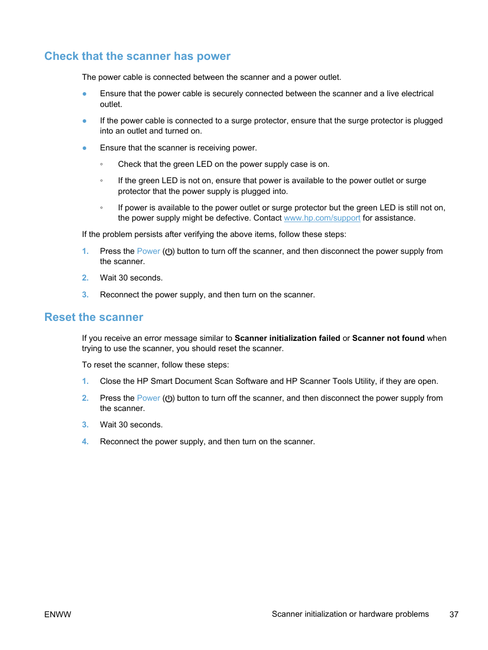 Check that the scanner has power, Reset the scanner, Check that the scanner has power reset the scanner | HP Scanjet Enterprise 7500 Flatbed Scanner User Manual | Page 43 / 62