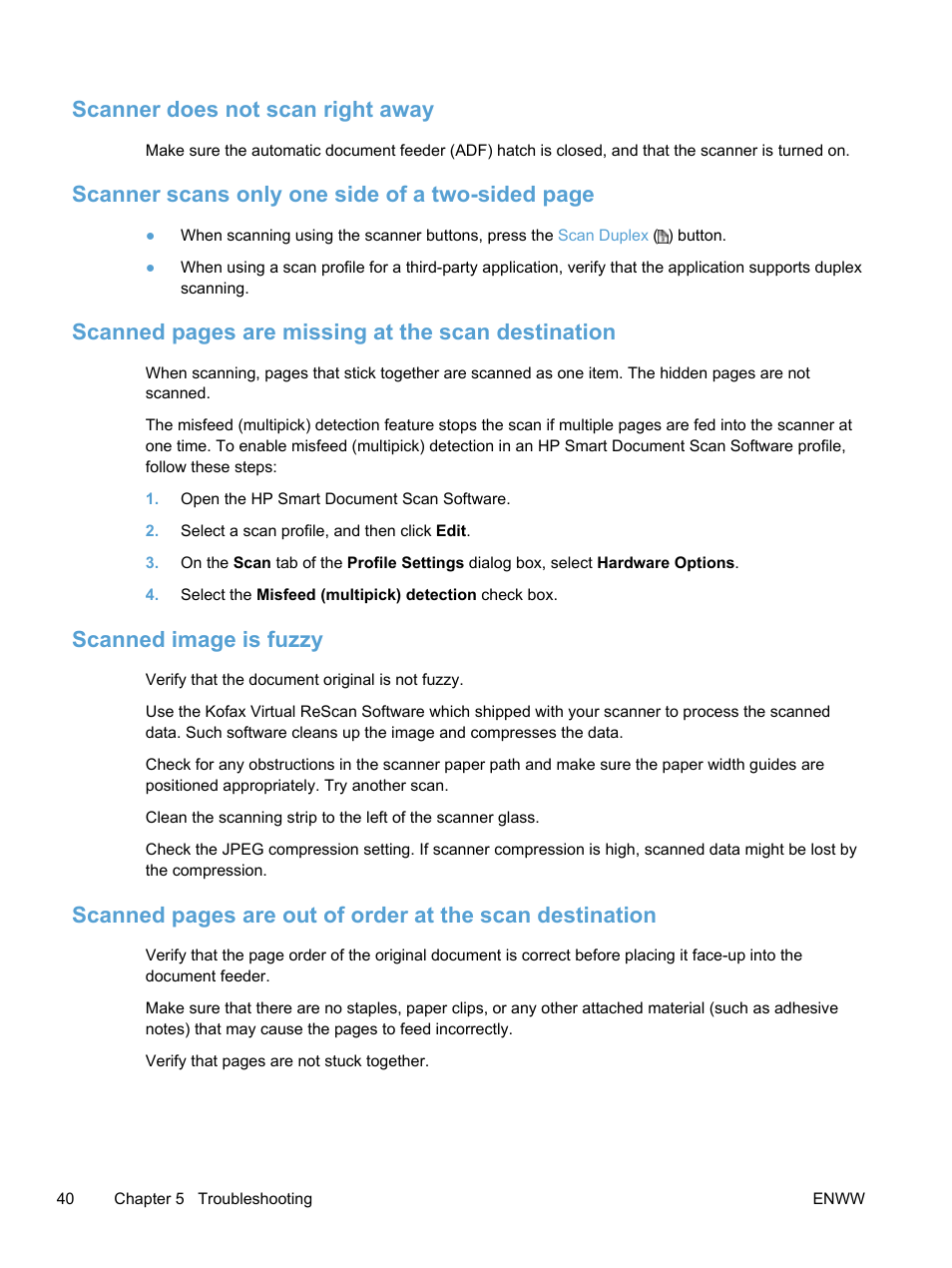 Scanner does not scan right away, Scanned image is fuzzy, Scanner scans only one side of a two-sided page | Scanned pages are missing at the scan destination | HP Scanjet Enterprise 7500 Flatbed Scanner User Manual | Page 46 / 62