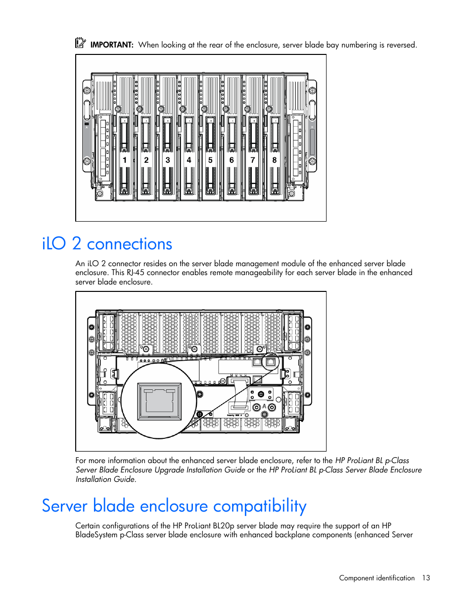 Ilo 2 connections, Server blade enclosure compatibility | HP ProLiant BL20p G4 Server-Blade User Manual | Page 13 / 91