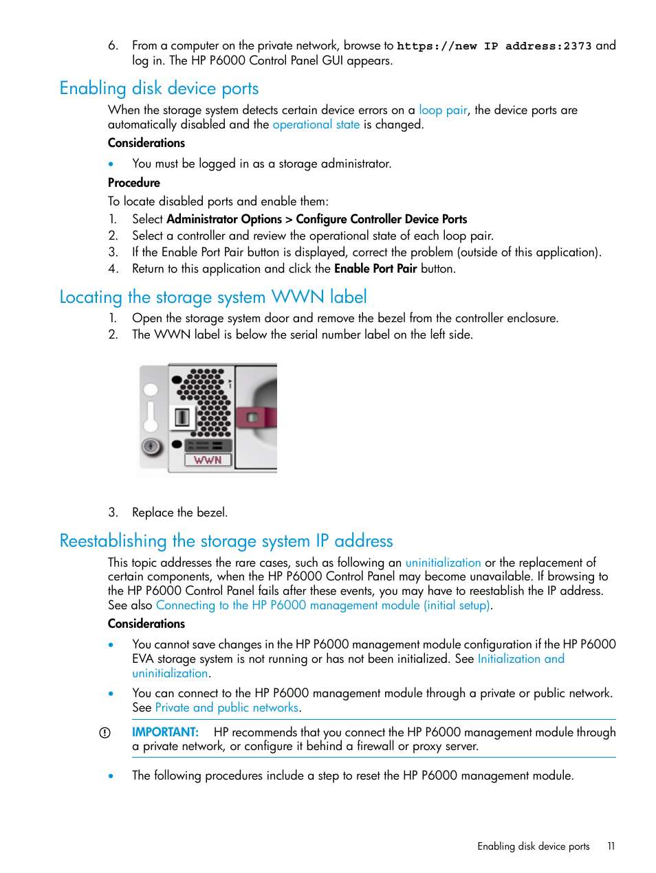 Enabling disk device ports, Locating the storage system wwn label, Reestablishing the storage system ip address | HP P6000 Command View Software User Manual | Page 11 / 29