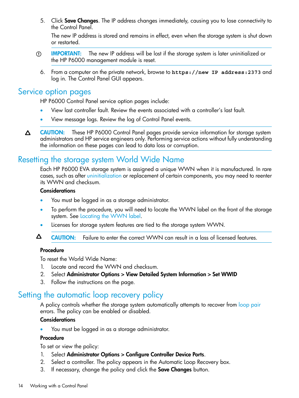 Resetting the storage system world wide name, Setting the automatic loop recovery policy, Service option pages | HP P6000 Command View Software User Manual | Page 14 / 29