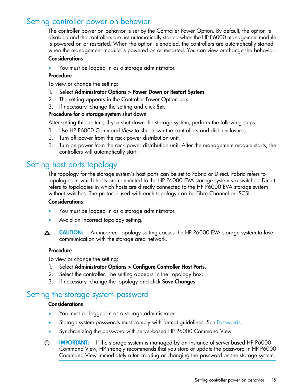 Setting controller power on behavior, Setting host ports topology, Setting the storage system password | HP P6000 Command View Software User Manual | Page 15 / 29