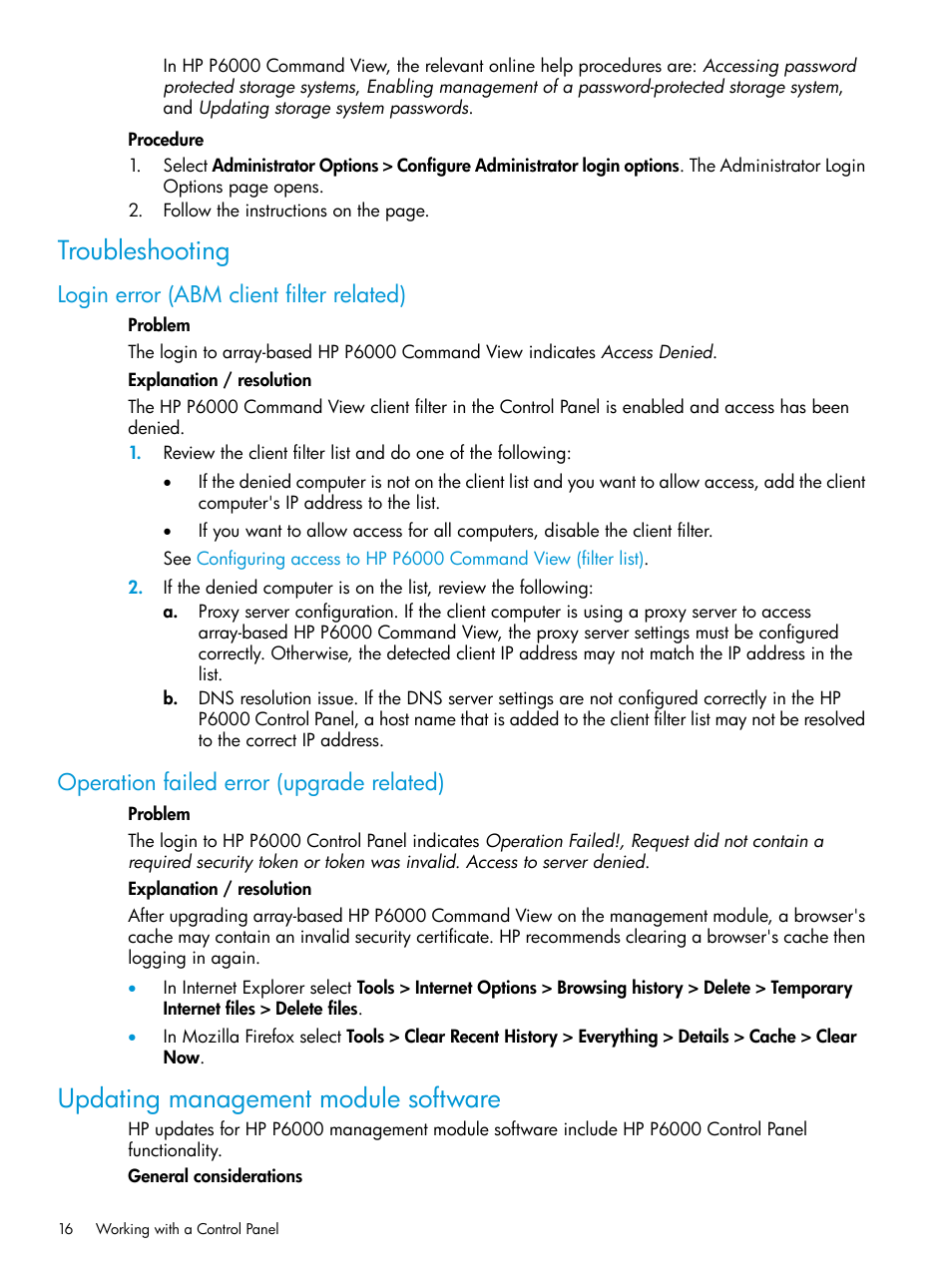 Troubleshooting, Login error (abm client filter related), Operation failed error (upgrade related) | Updating management module software | HP P6000 Command View Software User Manual | Page 16 / 29