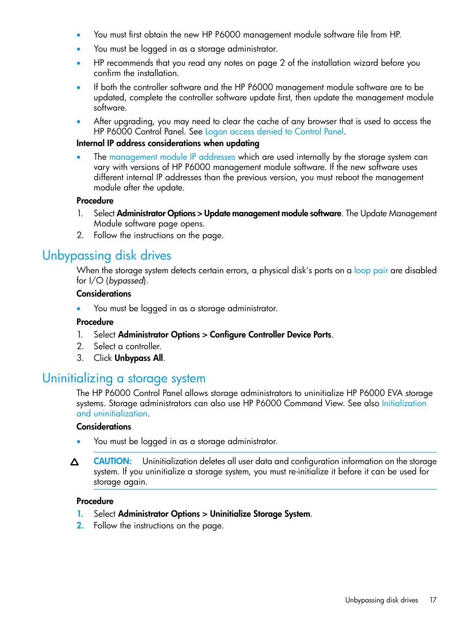 Unbypassing disk drives, Uninitializing a storage system | HP P6000 Command View Software User Manual | Page 17 / 29