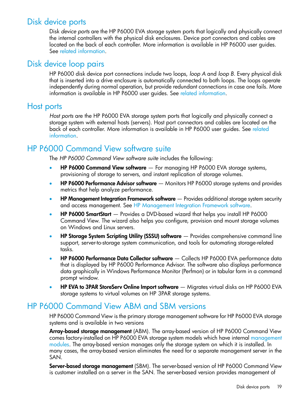 Disk device ports, Disk device loop pairs, Host ports | Hp p6000 command view software suite, Hp p6000 command view abm and sbm versions, Loop pair | HP P6000 Command View Software User Manual | Page 19 / 29