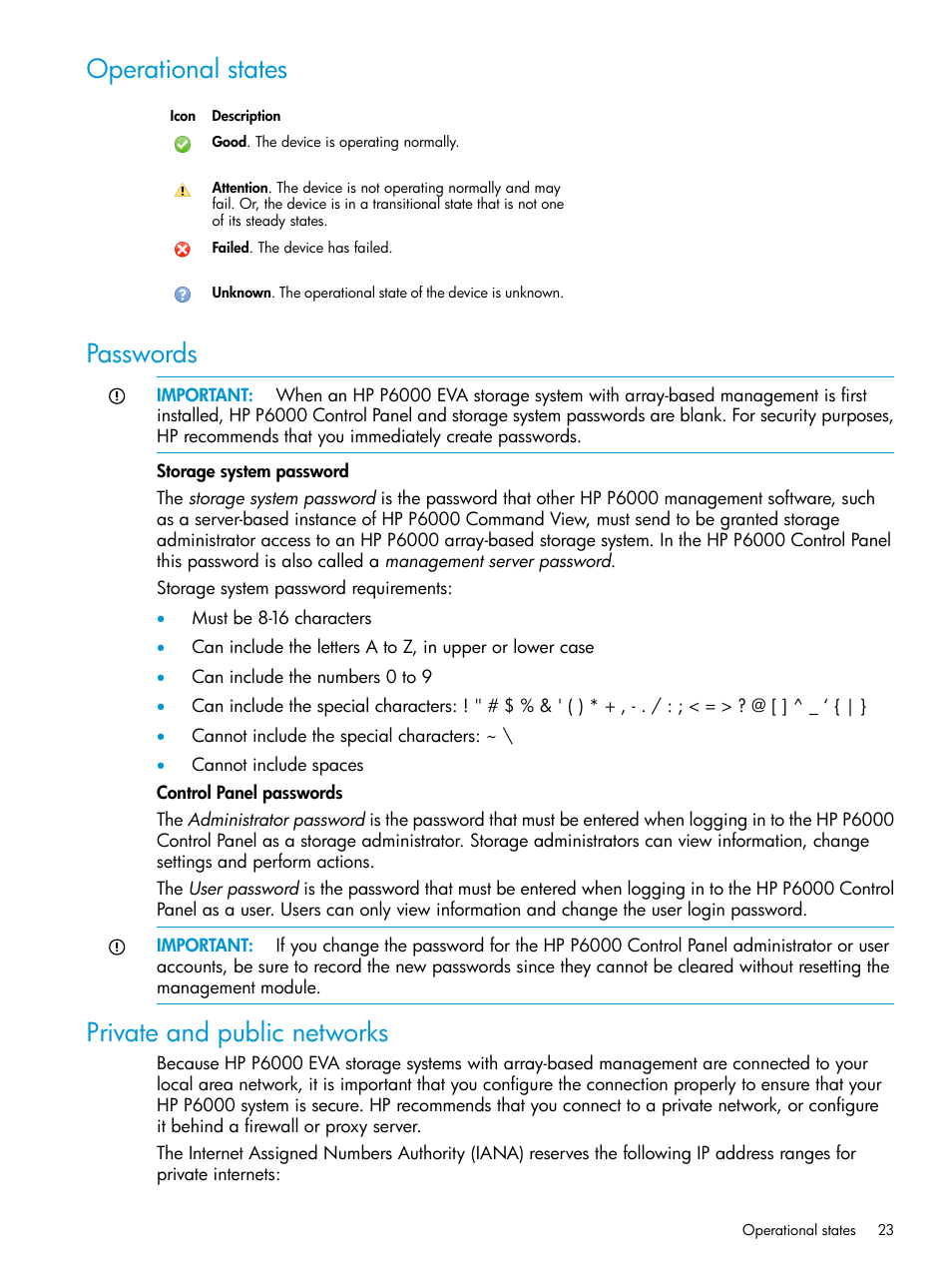 Operational states, Passwords, Private and public networks | Password, Operational state | HP P6000 Command View Software User Manual | Page 23 / 29