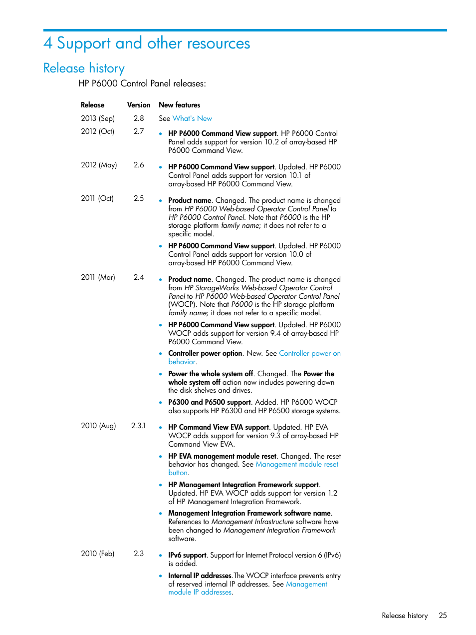 4 support and other resources, Release history | HP P6000 Command View Software User Manual | Page 25 / 29