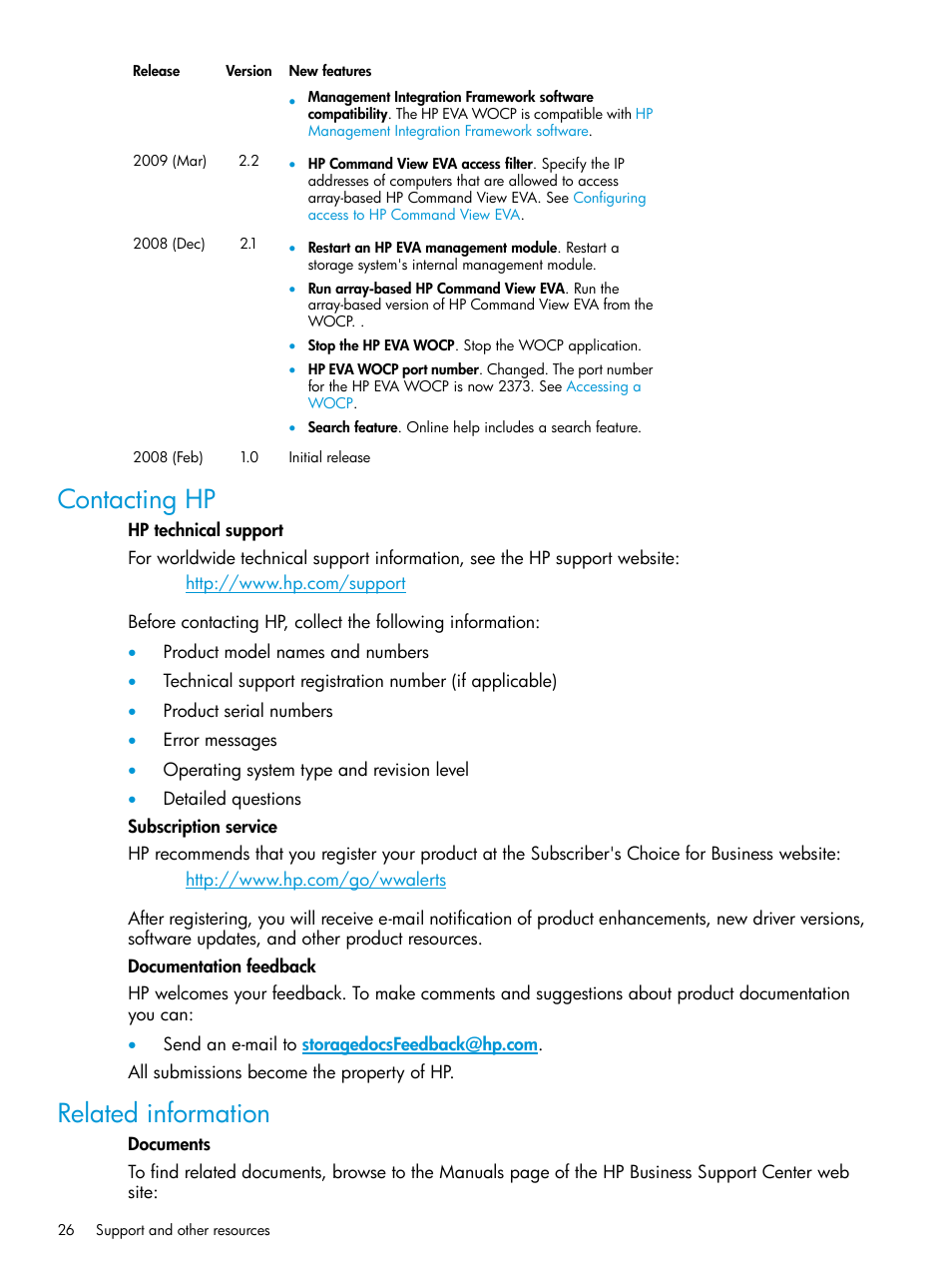 Contacting hp, Related information, Contacting hp related information | Related, Information | HP P6000 Command View Software User Manual | Page 26 / 29