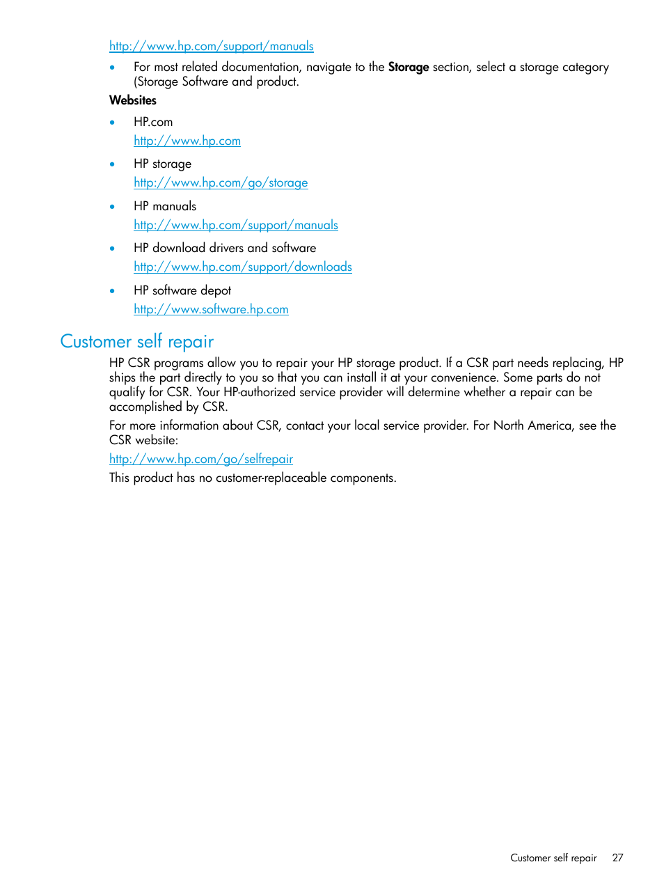 Customer self repair | HP P6000 Command View Software User Manual | Page 27 / 29