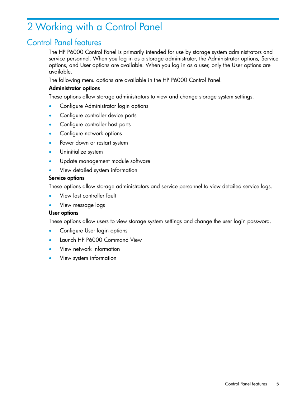2 working with a control panel, Control panel features | HP P6000 Command View Software User Manual | Page 5 / 29