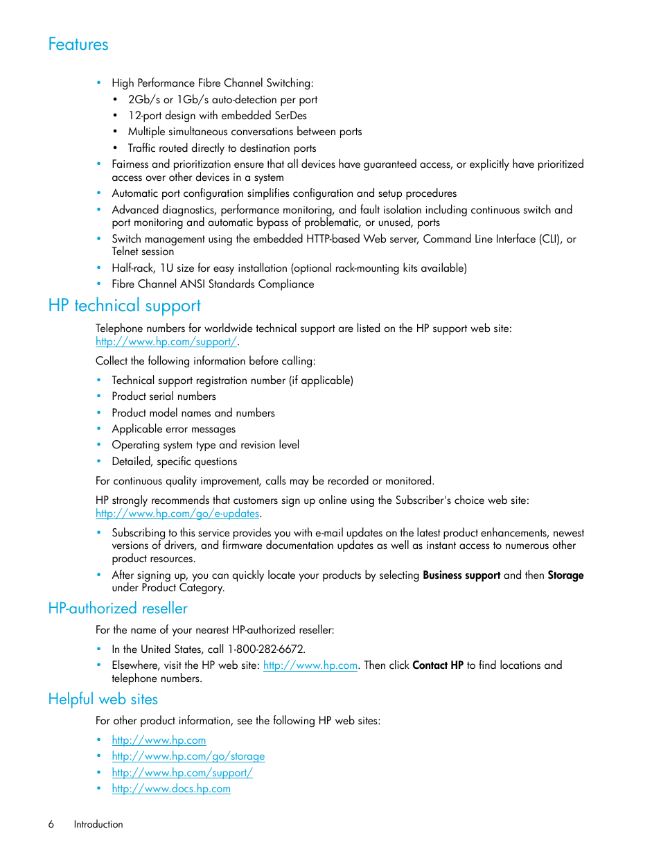 Features, Hp technical support, Hp-authorized reseller | Helpful web sites | HP Storage EVA Capacity Upgrades User Manual | Page 6 / 54