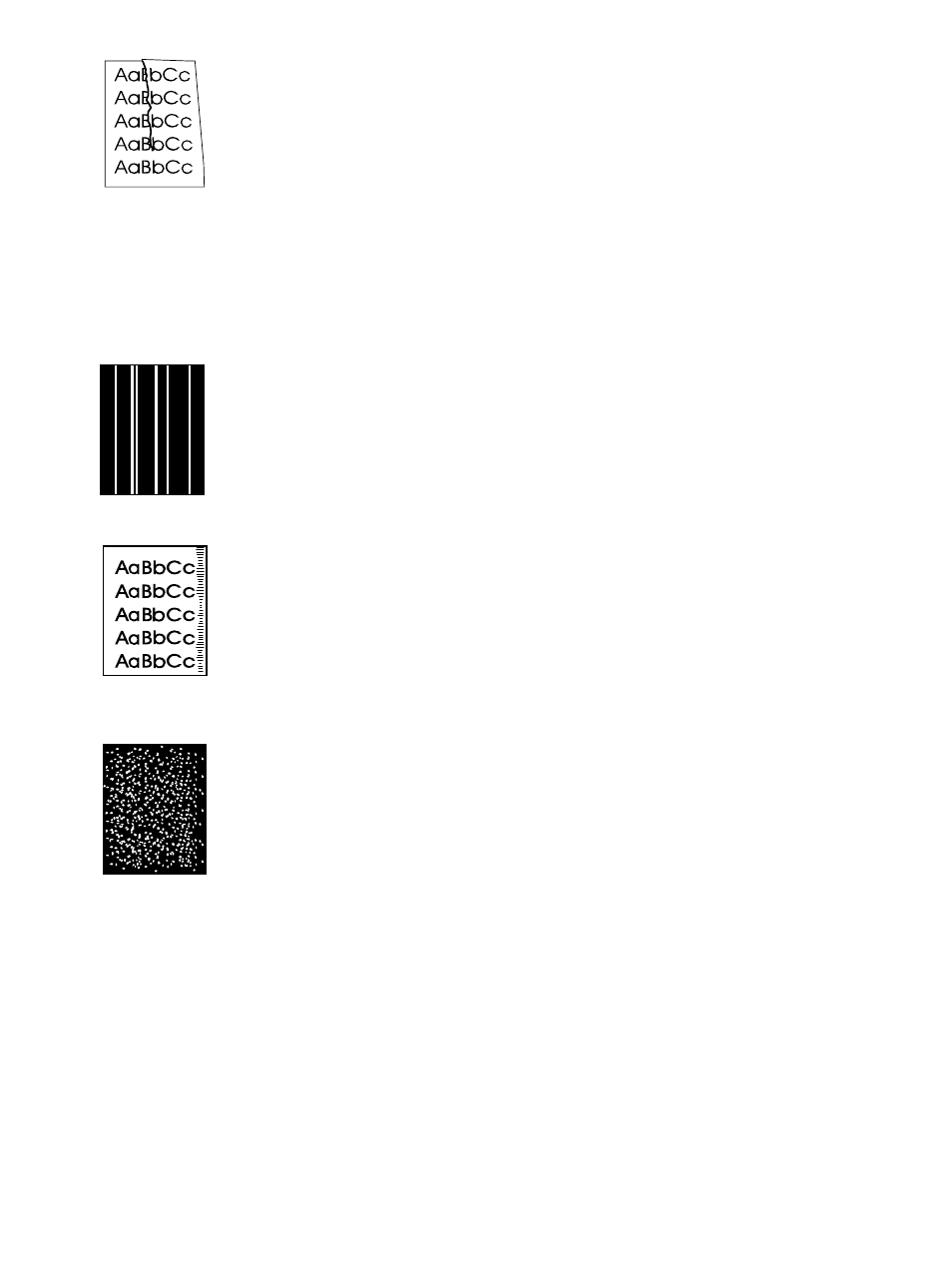 Wrinkles or creases, Vertical white lines” on, Tire tracks” on | White spots on black, Vertical white lines, Tire tracks | HP LaserJet 4300 Printer series User Manual | Page 131 / 218