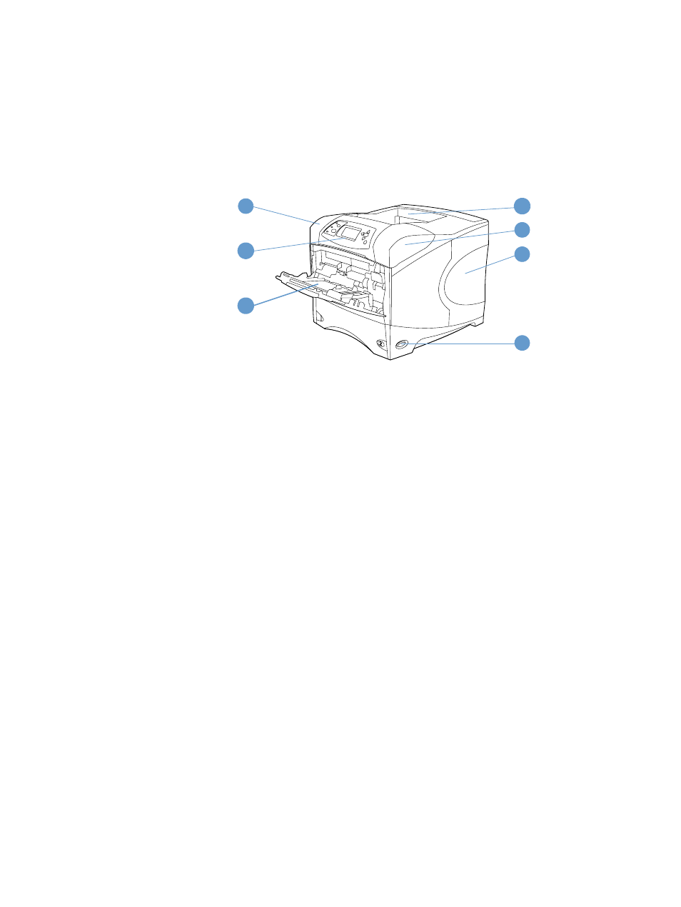 Printer parts and locations, Front view, tray 1 open | HP LaserJet 4300 Printer series User Manual | Page 15 / 218