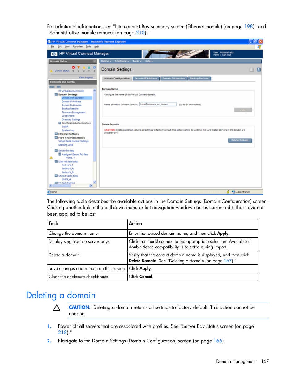 Deleting a domain, Domain operation, Return | HP Virtual Connect 1.10Gb-F Ethernet Module for c-Class BladeSystem User Manual | Page 167 / 242