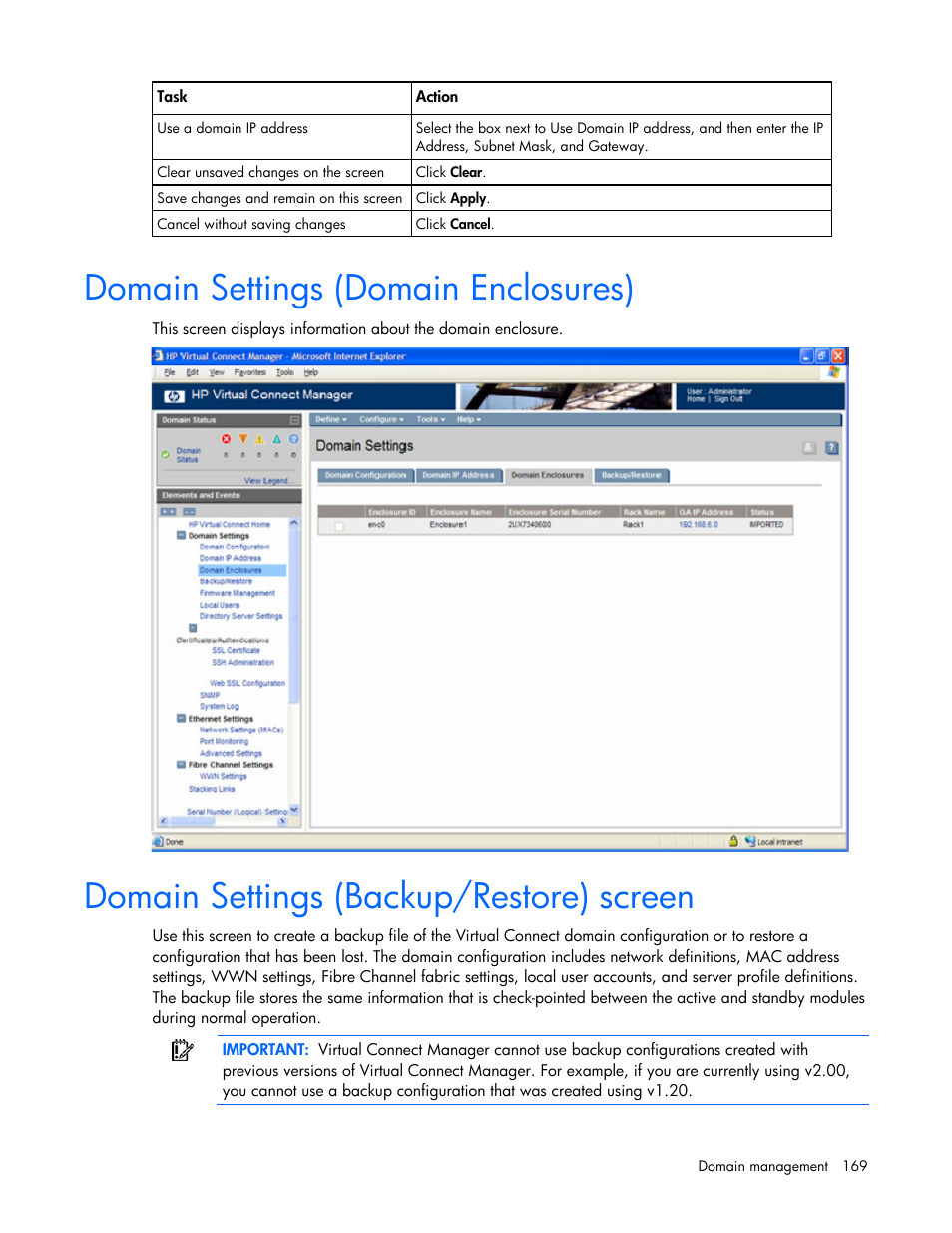 Domain settings (domain enclosures), Domain settings (backup/restore) screen | HP Virtual Connect 1.10Gb-F Ethernet Module for c-Class BladeSystem User Manual | Page 169 / 242