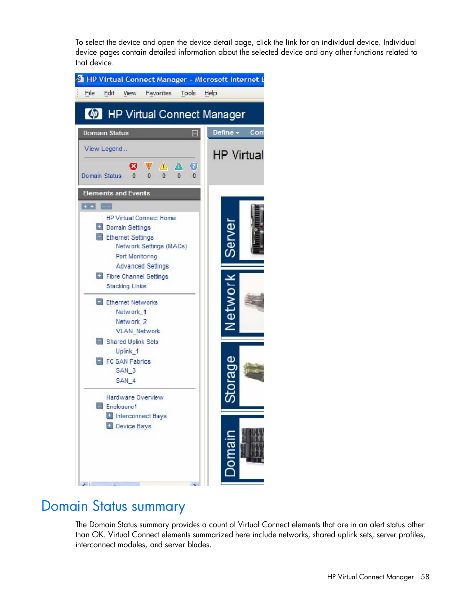 Domain status summary | HP Virtual Connect 1.10Gb-F Ethernet Module for c-Class BladeSystem User Manual | Page 58 / 242