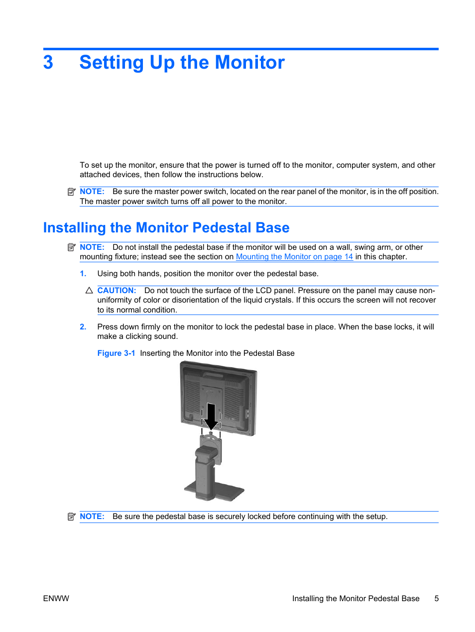Setting up the monitor, Installing the monitor pedestal base, 3 setting up the monitor | 3setting up the monitor | HP LP2065 20-inch LCD Monitor User Manual | Page 13 / 51