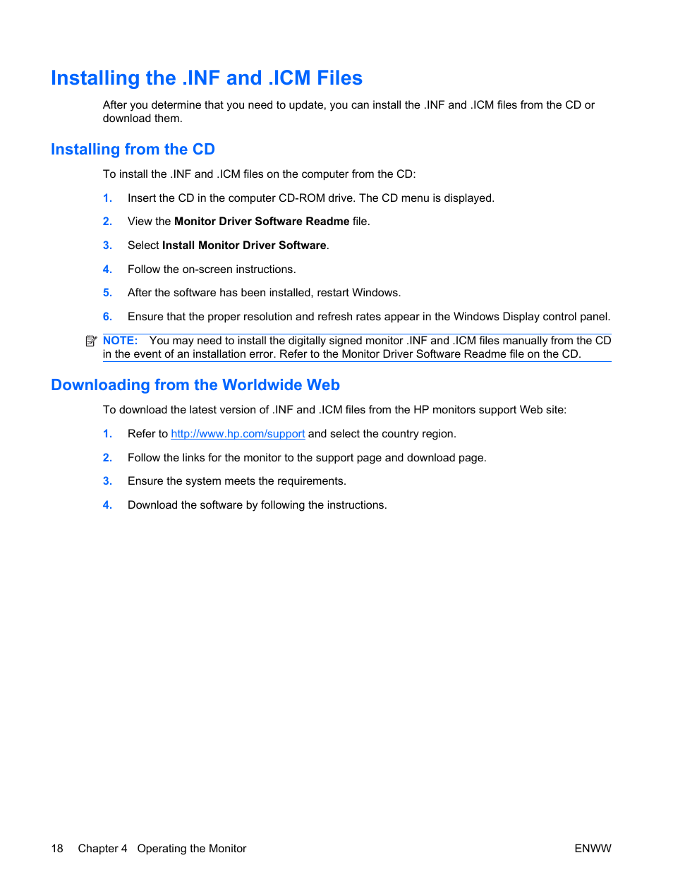 Installing the .inf and .icm files, Installing from the cd, Downloading from the worldwide web | HP LP2065 20-inch LCD Monitor User Manual | Page 26 / 51