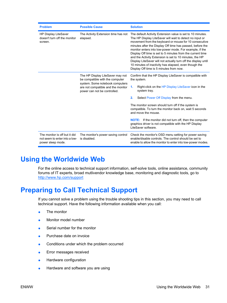 Using the worldwide web, Preparing to call technical support | HP LP2065 20-inch LCD Monitor User Manual | Page 39 / 51