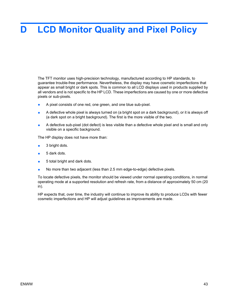 Lcd monitor quality and pixel policy, Dlcd monitor quality and pixel policy | HP LP2065 20-inch LCD Monitor User Manual | Page 51 / 51