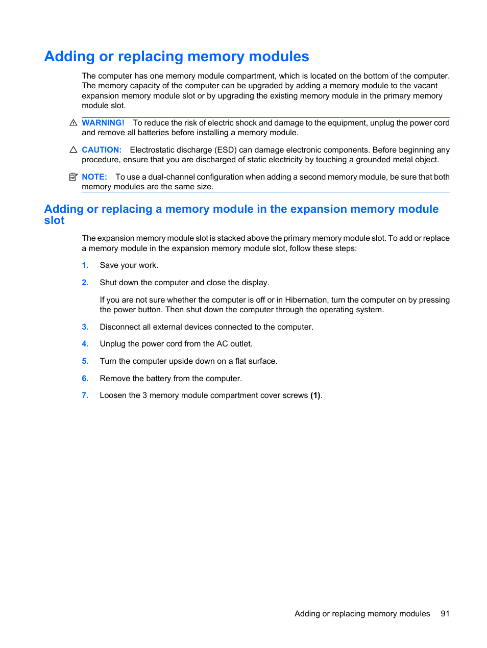 Adding or replacing memory modules | HP Compaq Presario CQ35-337TX Notebook PC User Manual | Page 101 / 135