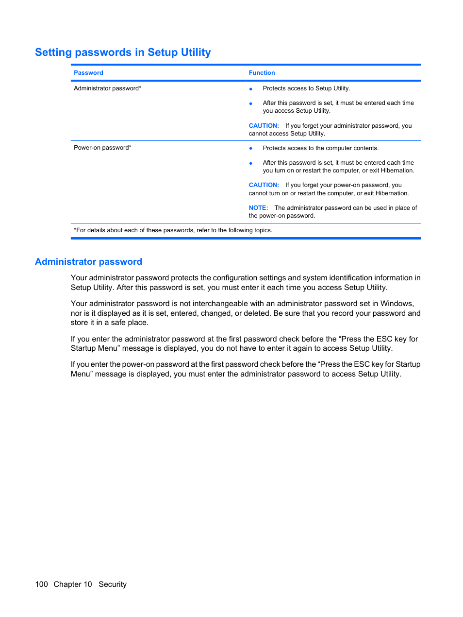 Setting passwords in setup utility, Administrator password | HP Compaq Presario CQ35-337TX Notebook PC User Manual | Page 110 / 135
