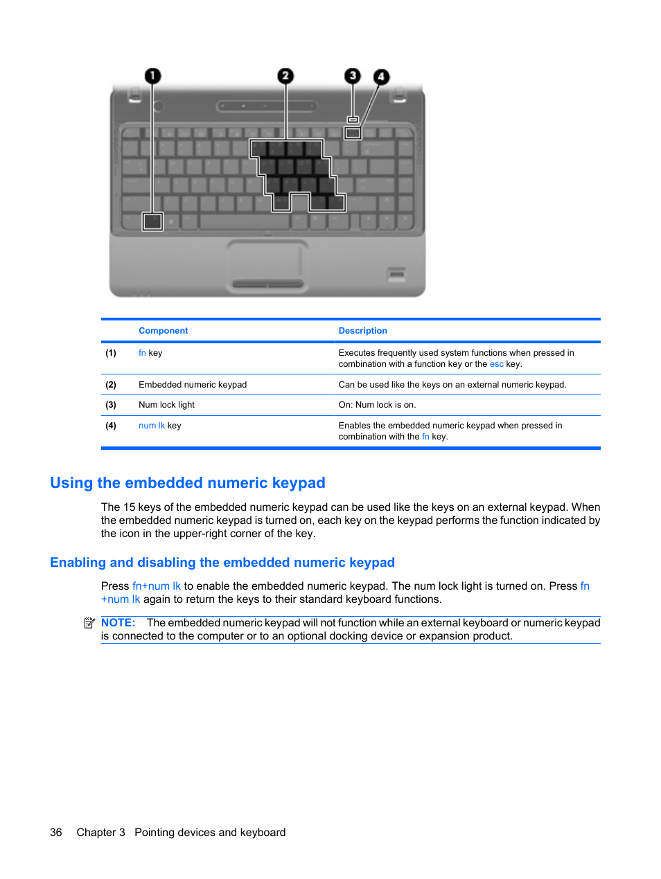 Using the embedded numeric keypad, Enabling and disabling the embedded numeric keypad | HP Compaq Presario CQ35-337TX Notebook PC User Manual | Page 46 / 135