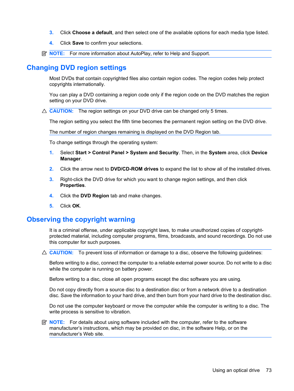 Changing dvd region settings, Observing the copyright warning | HP Compaq Presario CQ35-337TX Notebook PC User Manual | Page 83 / 135