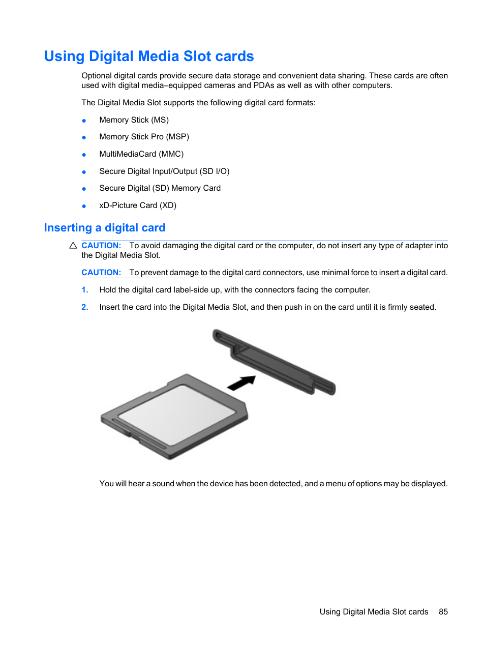 Using digital media slot cards, Inserting a digital card | HP Compaq Presario CQ35-337TX Notebook PC User Manual | Page 95 / 135