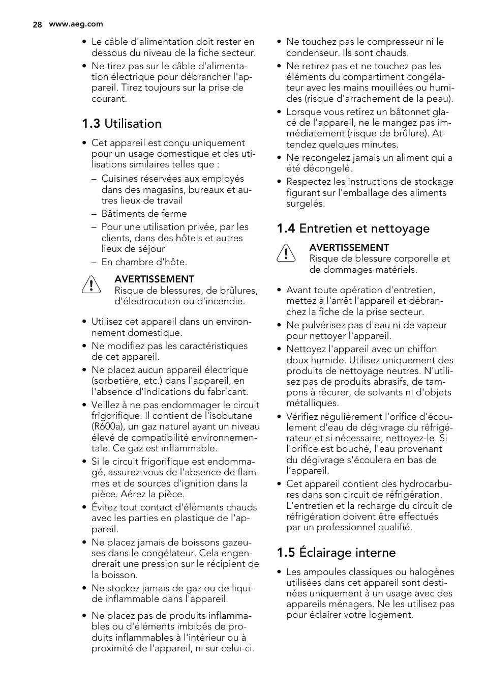 3 utilisation, 4 entretien et nettoyage, 5 éclairage interne | AEG S72300DSW1 User Manual | Page 28 / 80