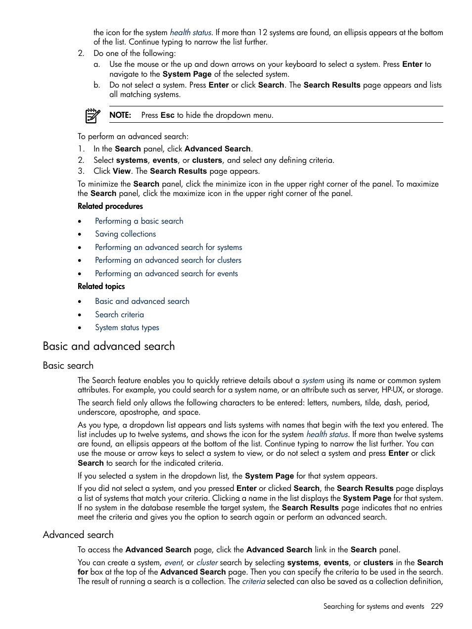 Basic and advanced search, Basic search, Advanced search | Basic search advanced search, Basic, And advanced search | HP Systems Insight Manager User Manual | Page 229 / 679