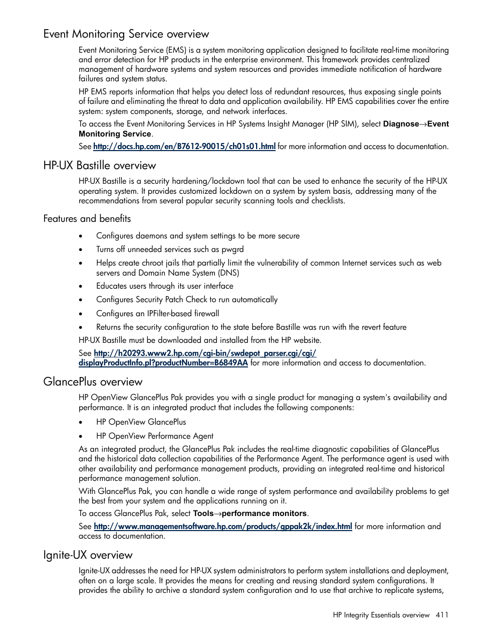 Event monitoring service overview, Hp-ux bastille overview, Features and benefits | Glanceplus overview, Ignite-ux overview, Glanceplus overview ignite-ux overview | HP Systems Insight Manager User Manual | Page 411 / 679